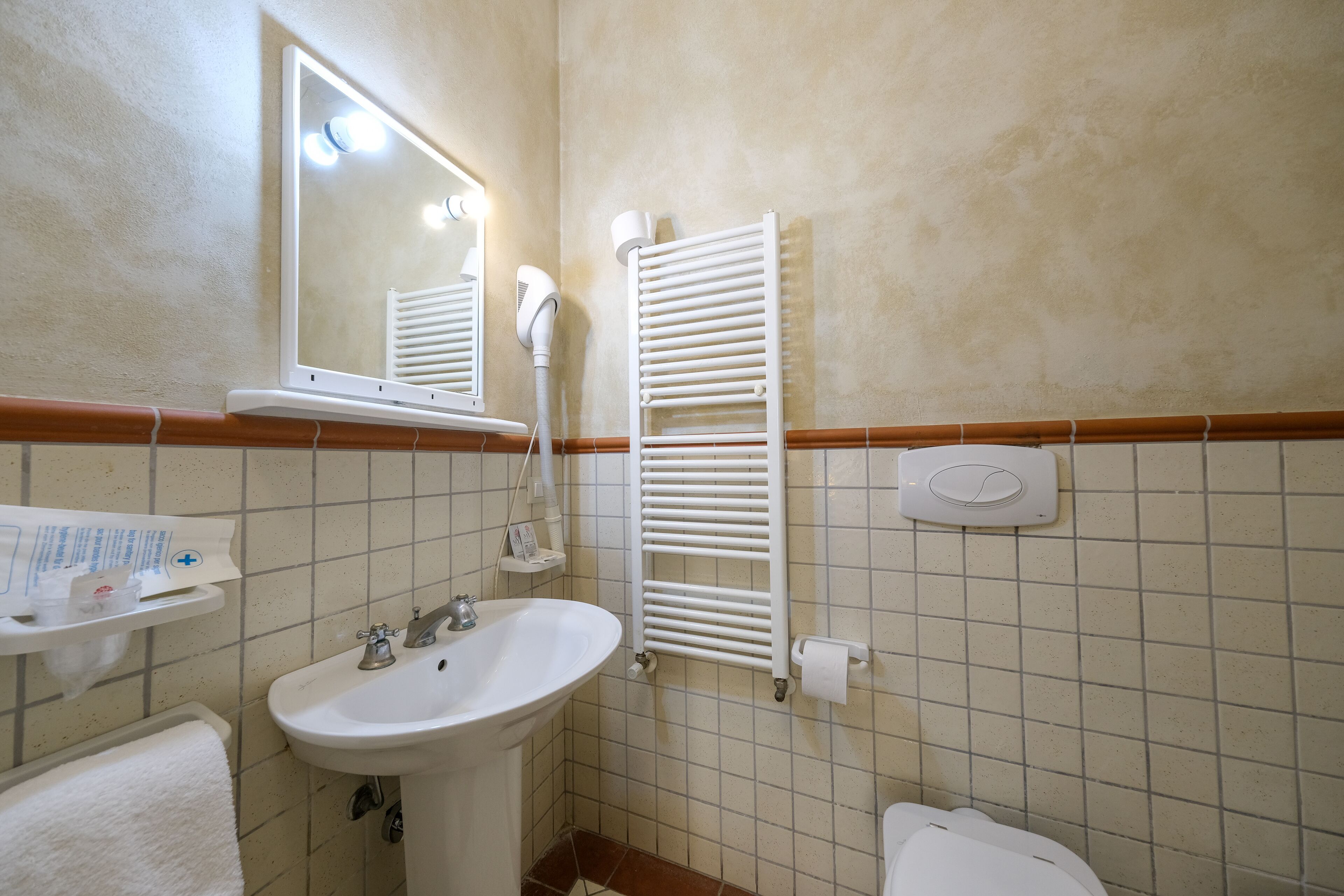 A bathroom with a sink, mirror, towel rack, and a toilet.