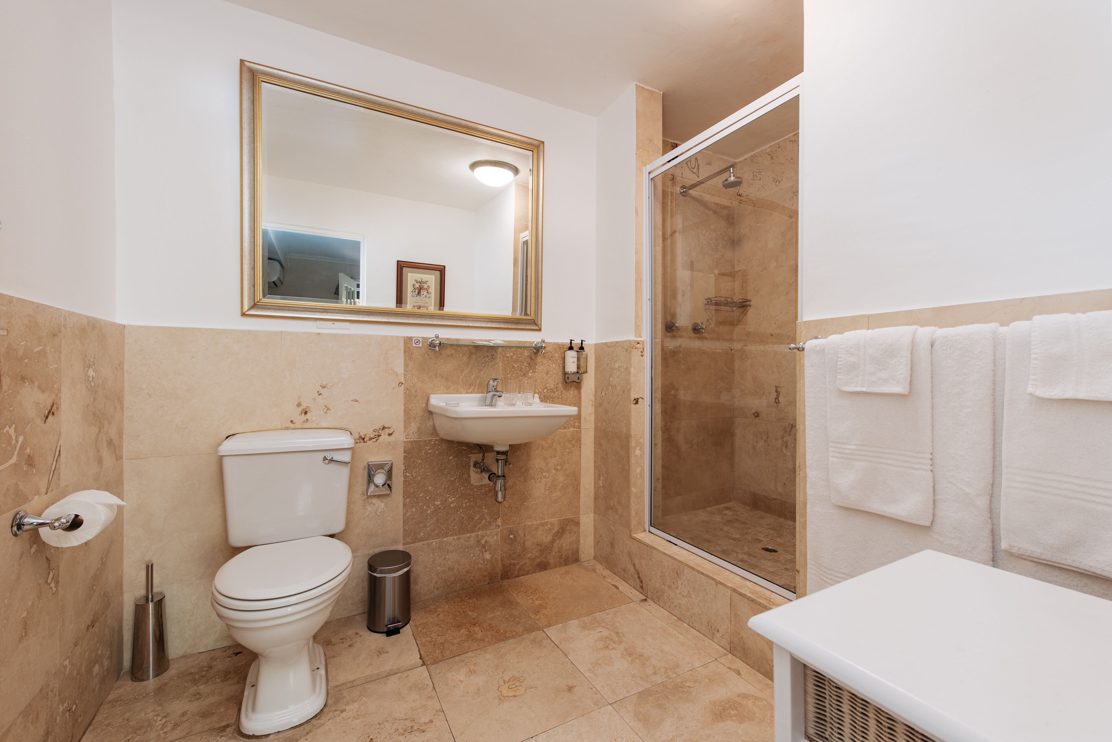 A bathroom with a toilet, sink, shower, and a mirror.