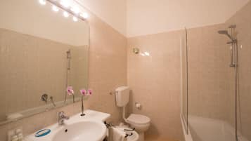 Une salle de bain avec un lavabo, des toilettes et une douche.