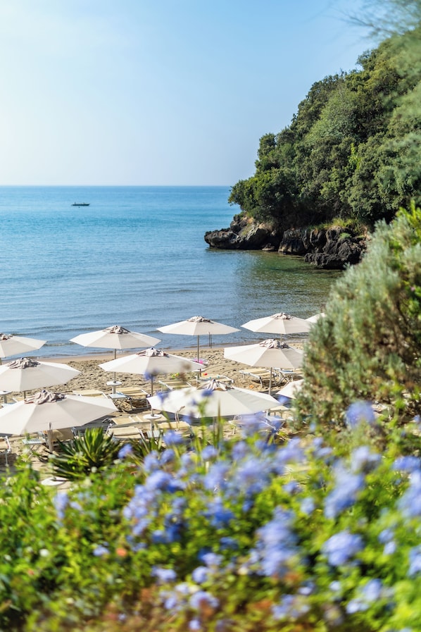 Plage privée, chaise longue, parasol, plongée avec masque et tuba