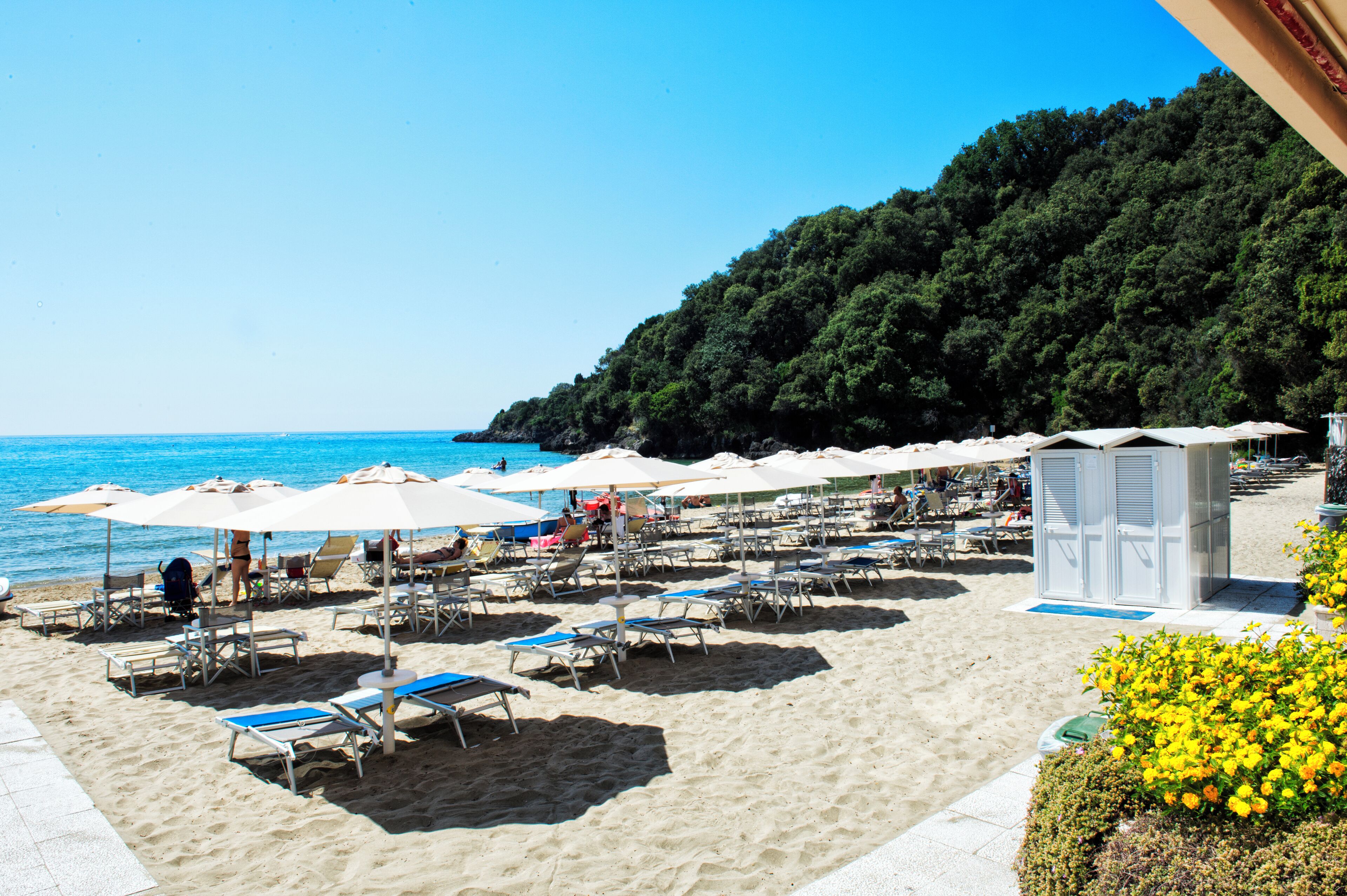 A beach with rows of sun loungers and umbrellas, a small kiosk, and a forested hill in the background.
