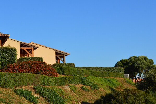 A modern house with a sloped roof, surrounded by well-maintained gardens and a clear blue sky. - Résidence Terra Théa (Propriano)
