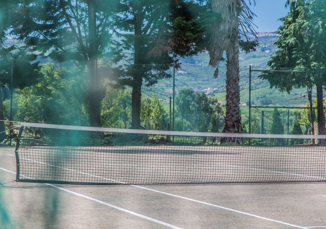 A tennis court with a net in the center, surrounded by trees and a fence.