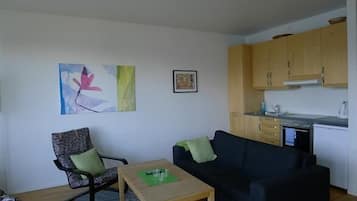 Sala de estar con un sofá negro, un sillón estampado y una mesita con un posavasos verde. Se observa una zona de cocina con armarios de madera y una encimera.