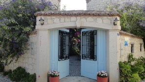 A stone entrance with blue doors and a small gate, surrounded by greenery and flowers. - Incirliev - Special Class (Cesme)