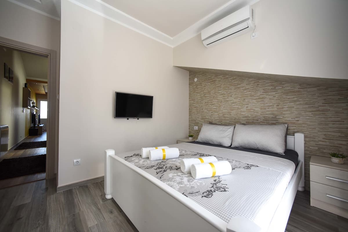 A bedroom with a bed, a flat-screen TV, a wall-mounted air conditioner, and a bedside table with a plant.