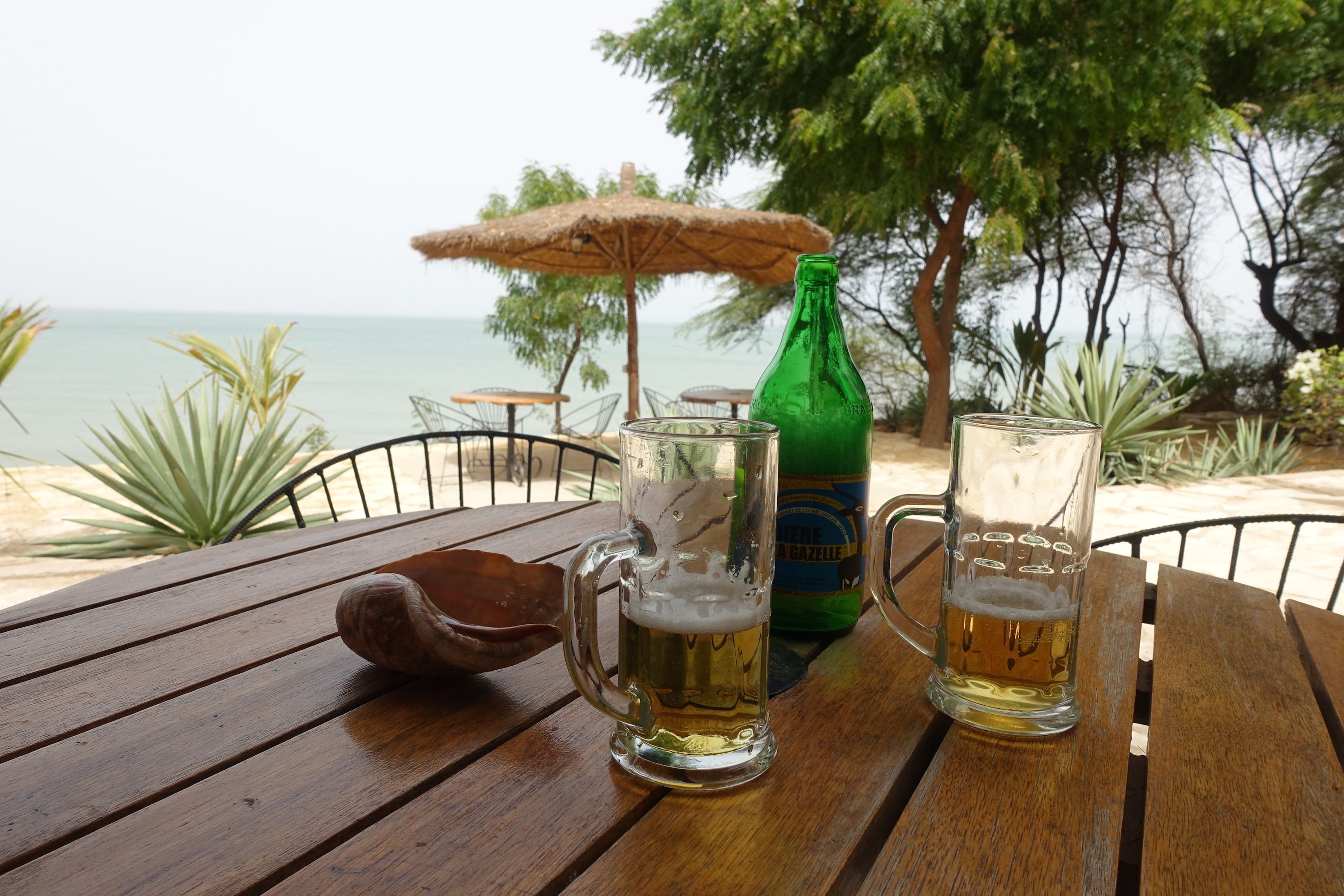 A wooden table with two beer mugs and a bottle, set outdoors with a view of the sea and trees.