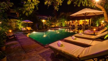 Outdoor pool, pool umbrellas, pool loungers