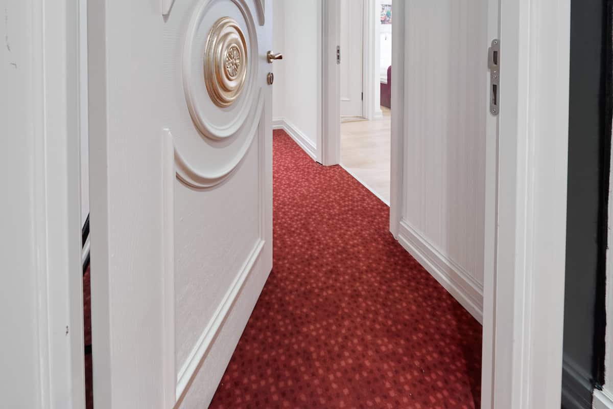 Un pasillo con puertas blancas, una alfombra roja y vista a otra habitación.