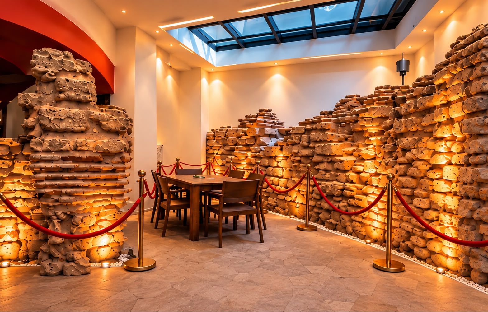 A dining area with a high ceiling and skylight, surrounded by walls of stacked pottery.