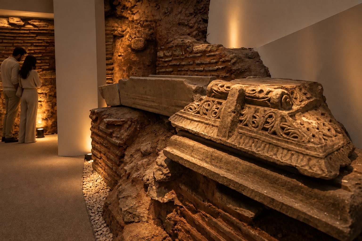 A stone carving with intricate designs, possibly a historical artifact, displayed in a museum or exhibition setting.