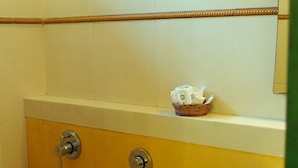 Un bany petit amb vàter, rentapel i plat de dutxa.