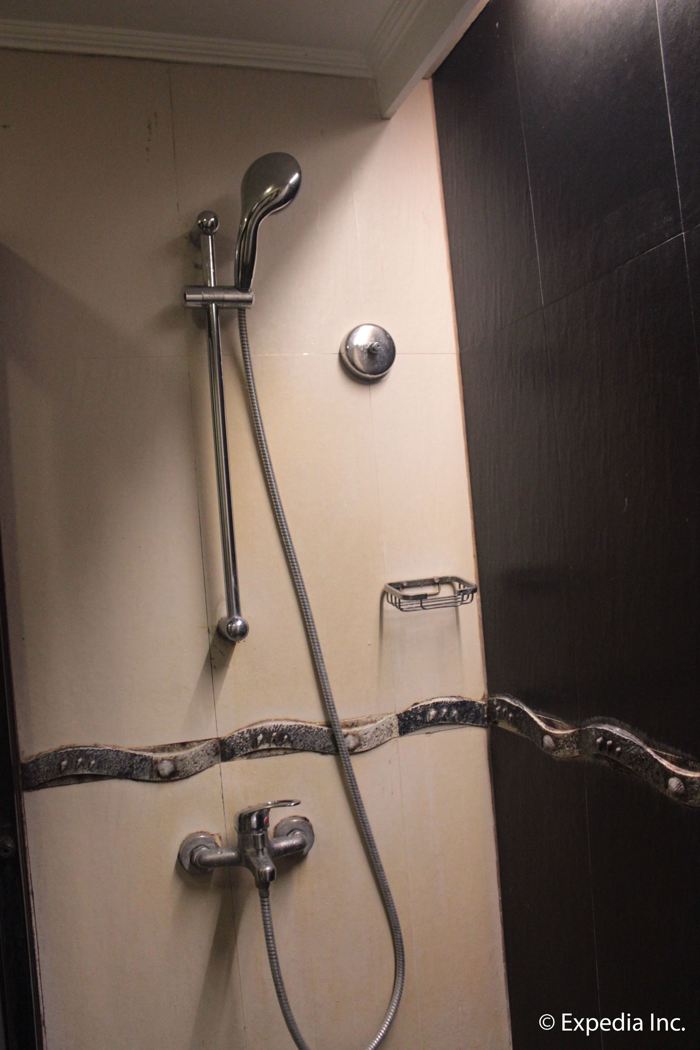 A shower with a handheld showerhead and a wall-mounted faucet.