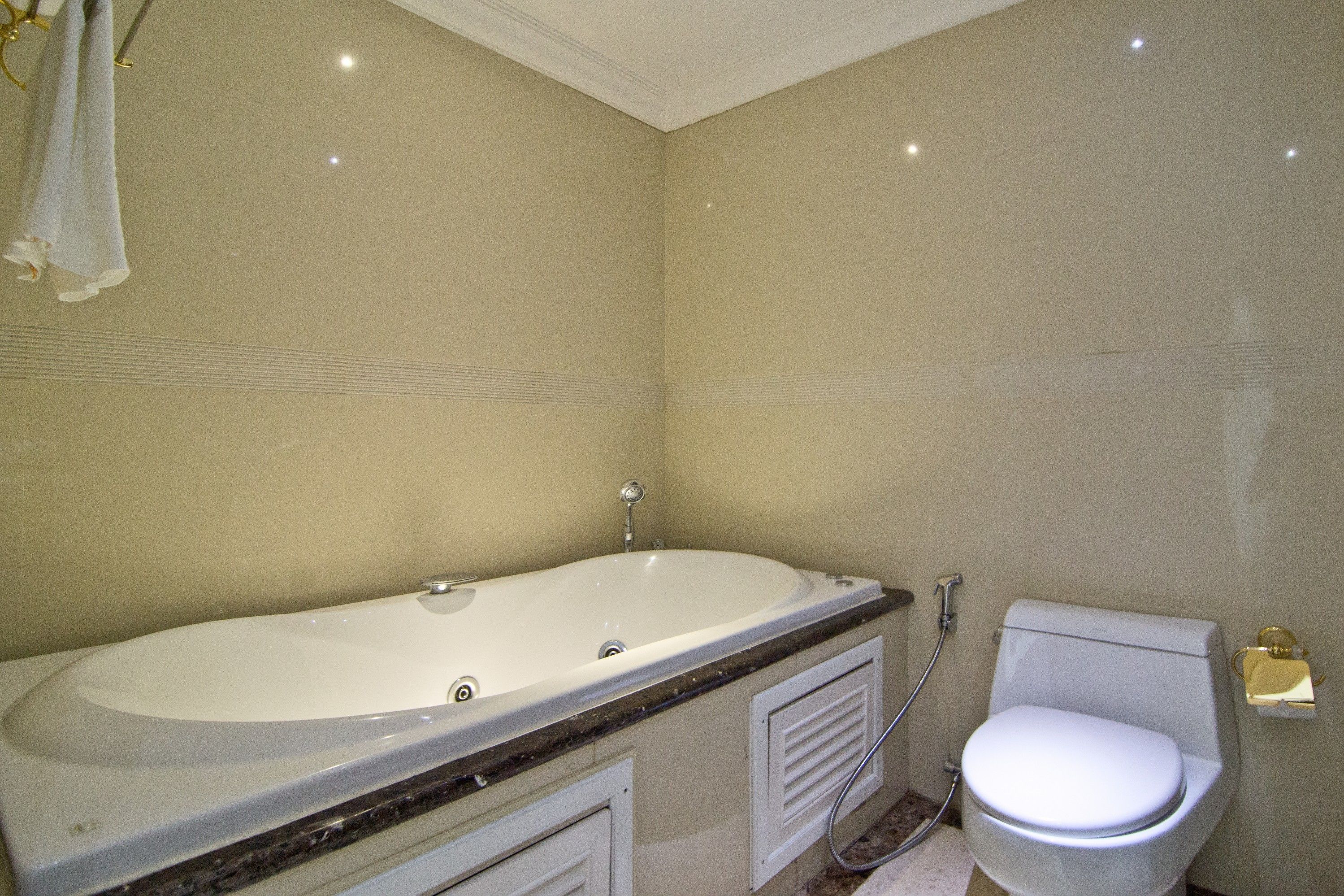 A bathroom with a bathtub, toilet, and shower.