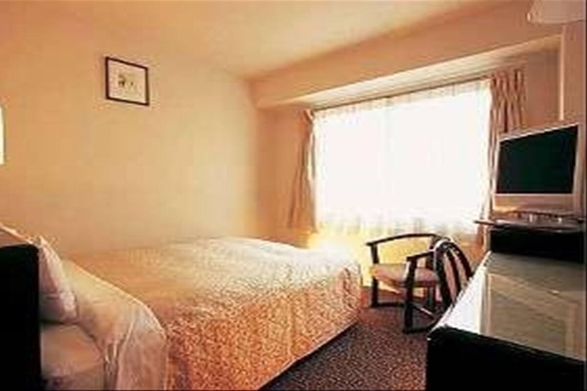Habitación de hotel con cama, escritorio, silla, televisión y ventana con cortinas.
