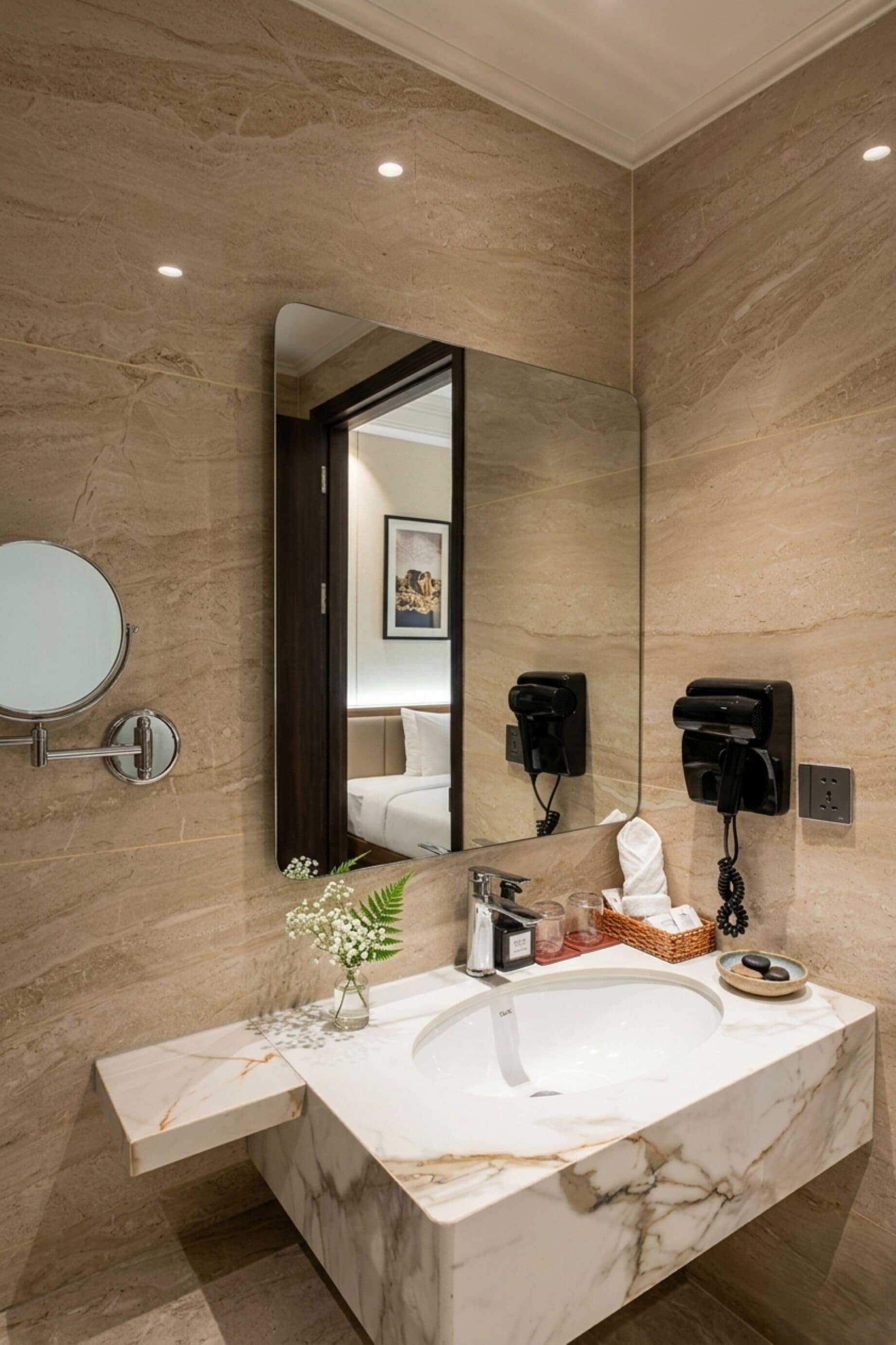 A bathroom with a marble sink, a large mirror, a hairdryer, and a towel rack.