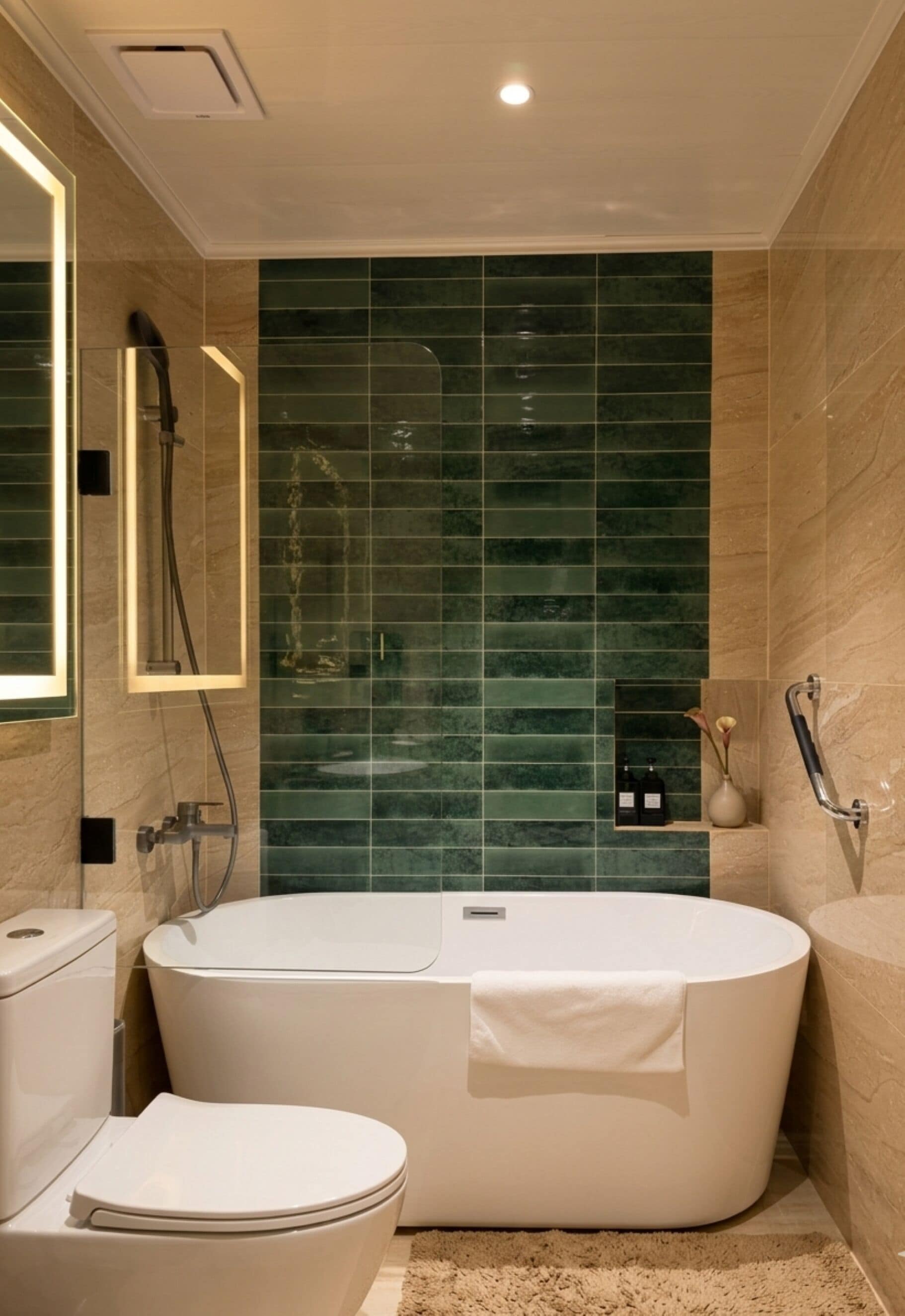 A modern bathroom with a freestanding bathtub, a toilet, and a shower enclosure.