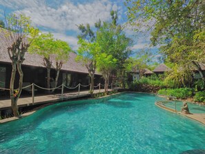 Outdoor pool, pool umbrellas, pool loungers