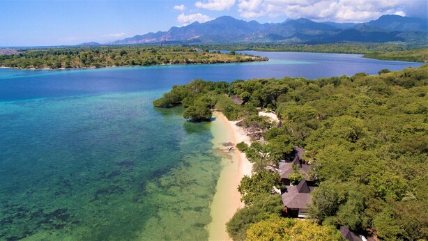 Vista aérea de uma área costeira com águas turquesa cristalinas, uma praia de areia e vegetação verde densa.