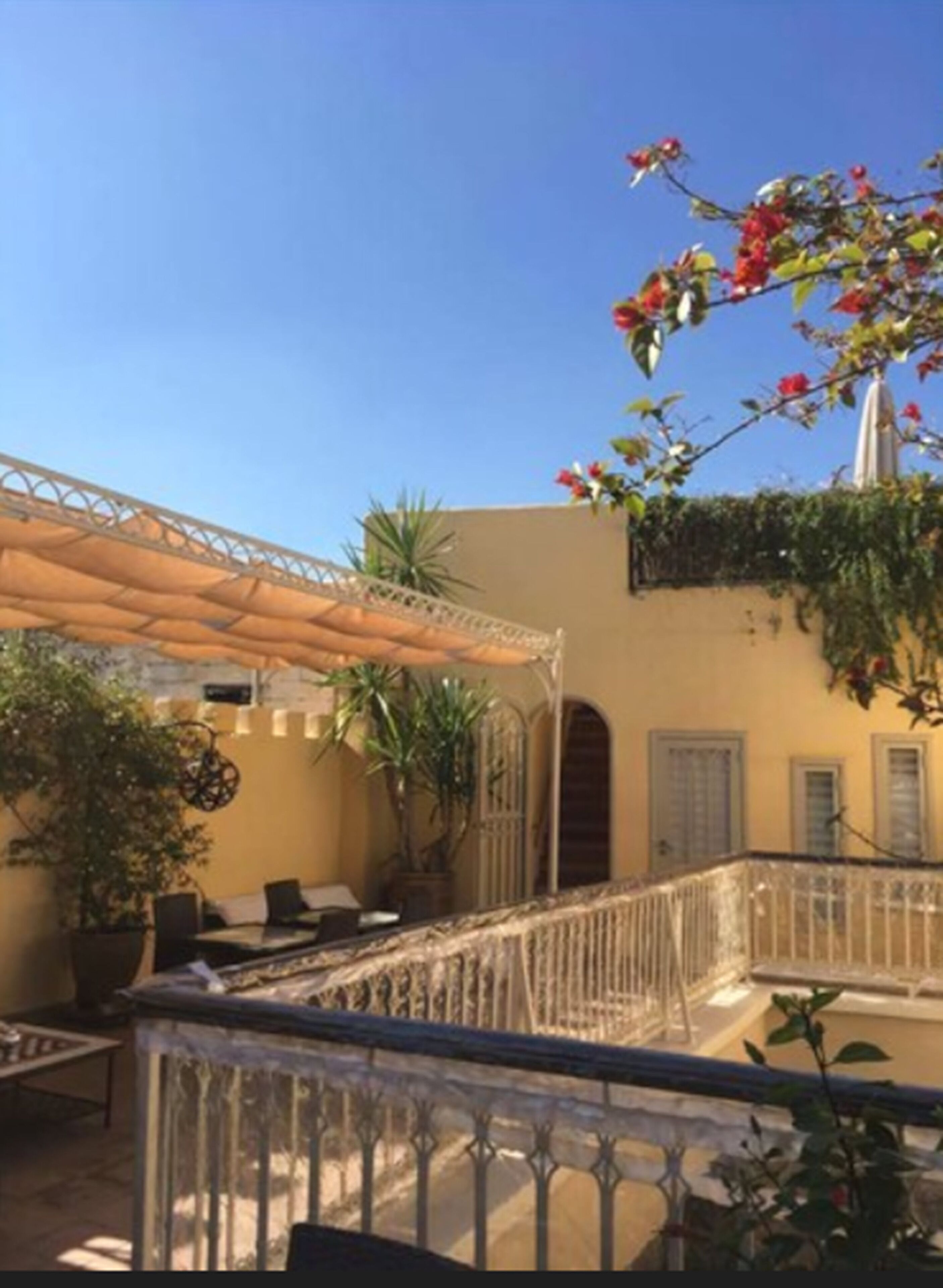Un espace extérieur aménagé en terrasse, avec une pergola, des sièges et des plantes en pot.