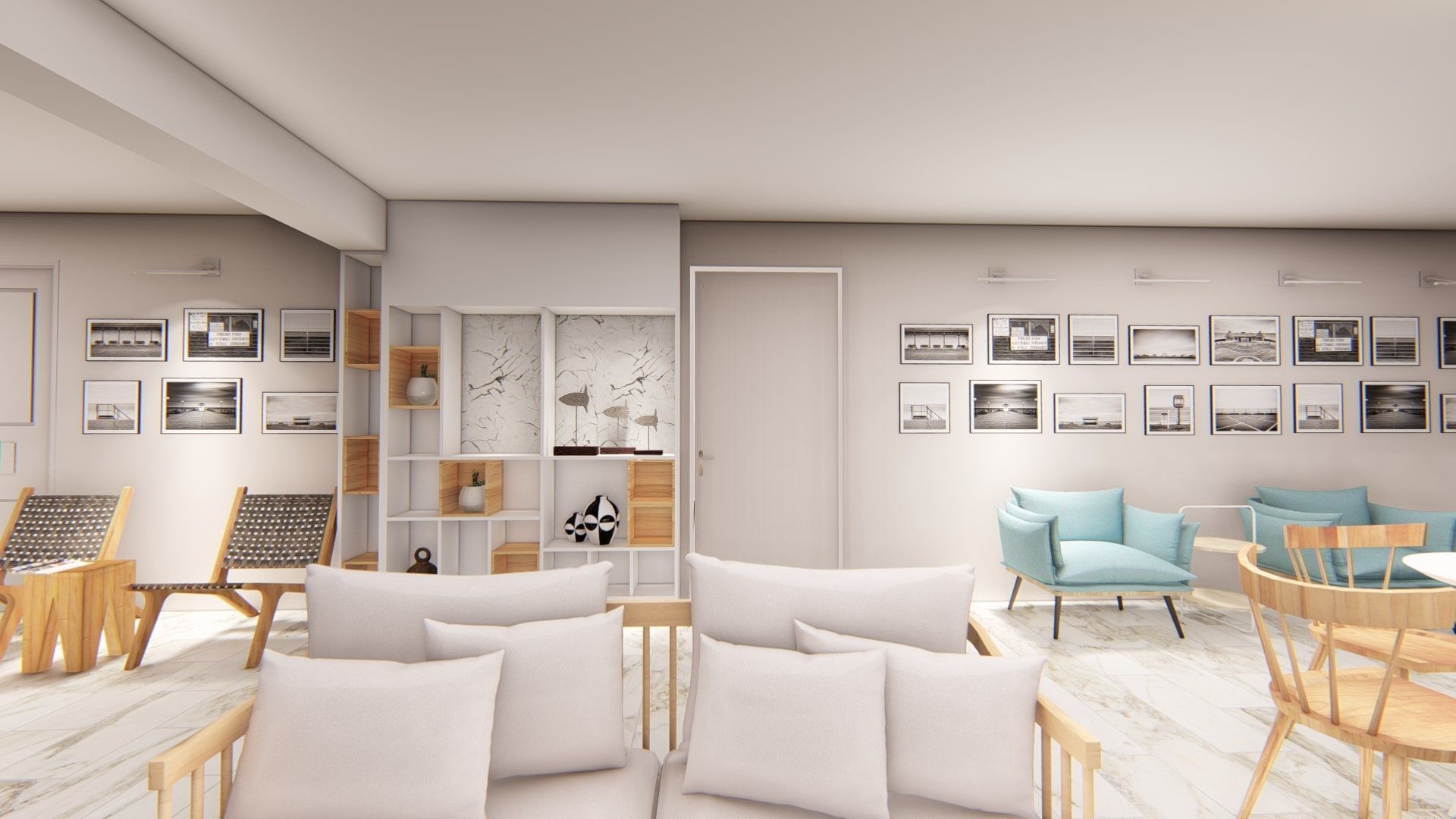 Een modern interieur met een zithoek, een boekenkast en een wand versierd met ingelijste foto's.