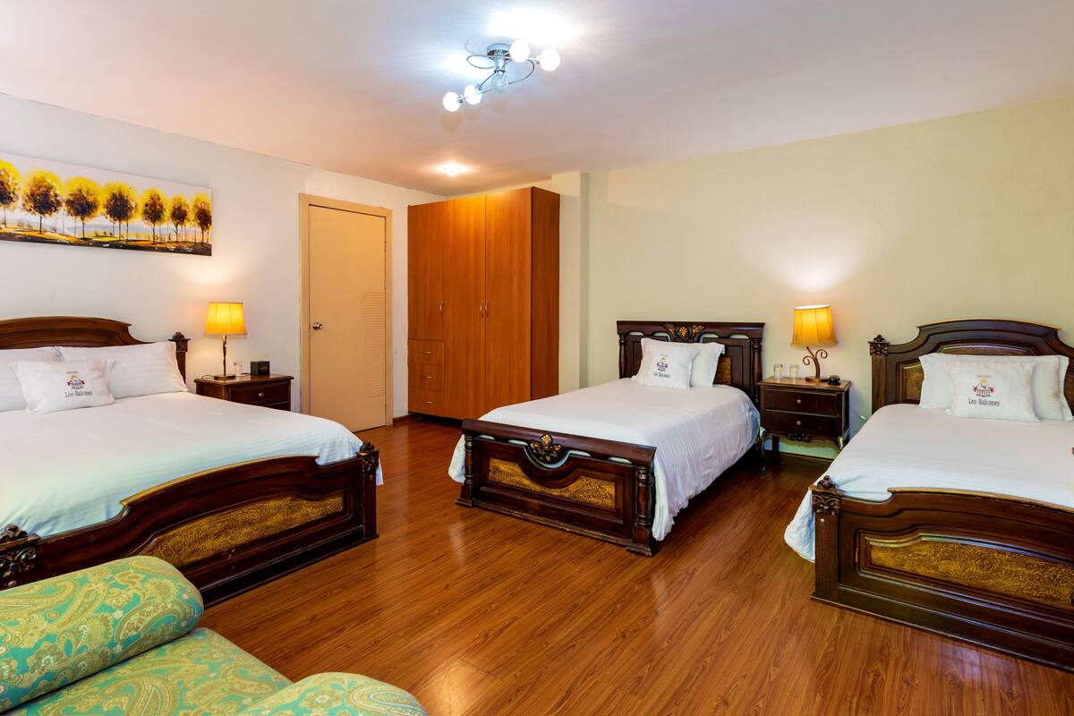 Habitación de hotel con dos camas, un armario, un cuadro y un ventilador de techo.