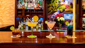 A bar with three cocktails on the counter, a variety of liquor bottles in the background, and a television screen displaying a nature scene. - Hotel Boutique Los Balcones (Cuenca)