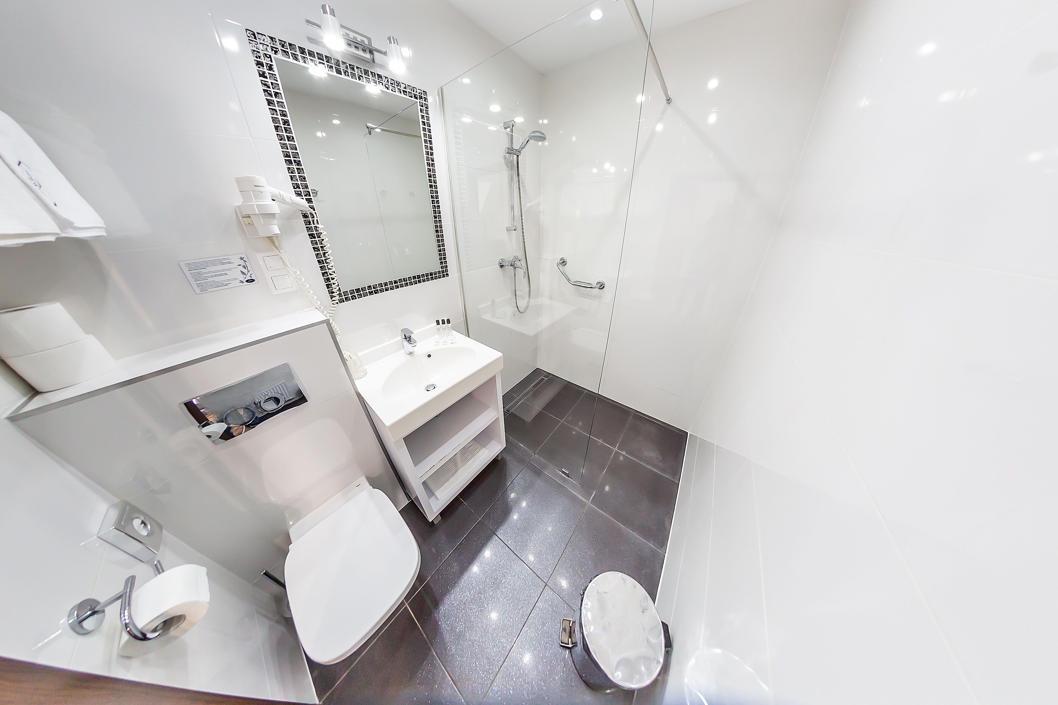 A modern bathroom with a glass-enclosed shower, a white sink, and a toilet.