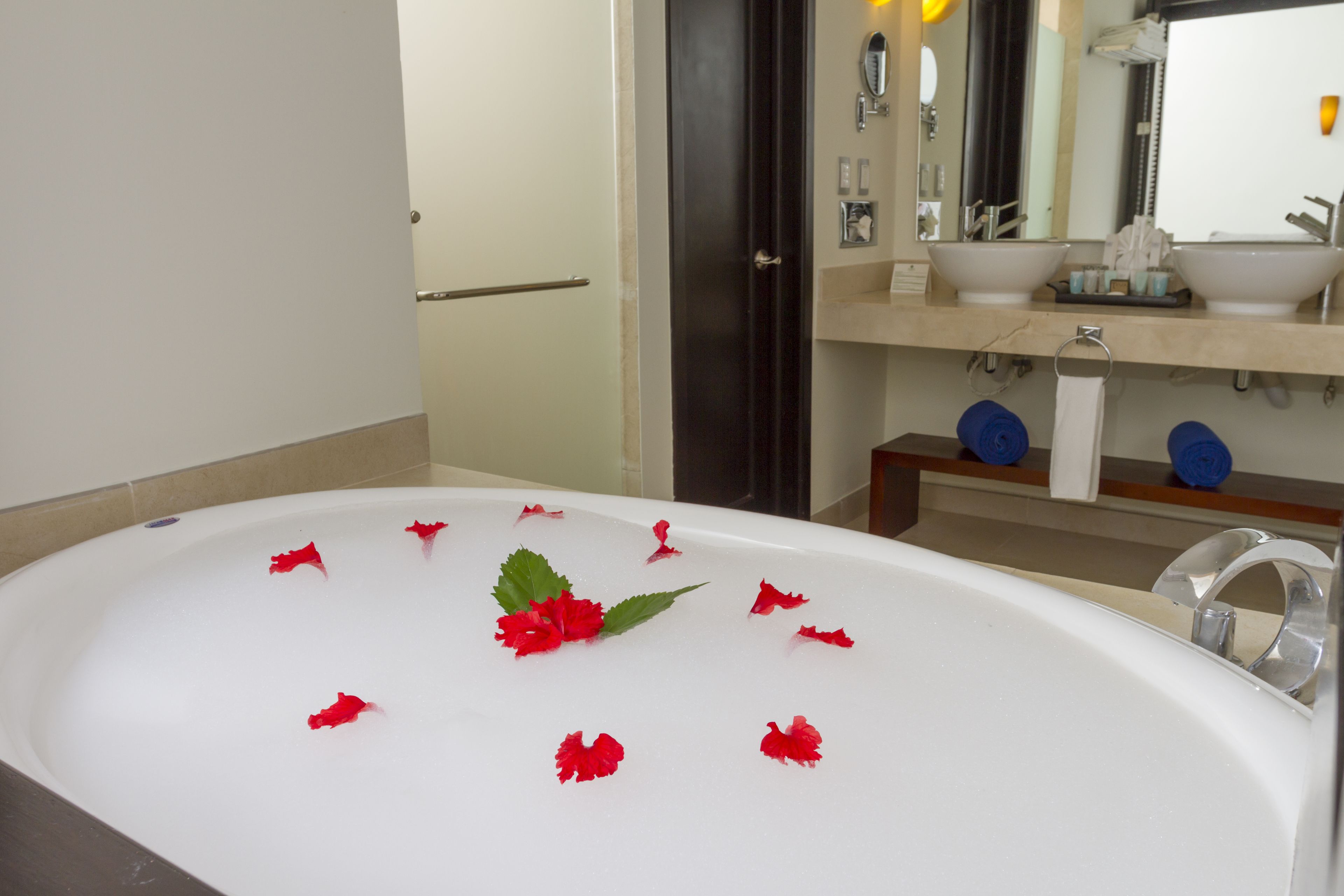 Une salle de bain avec une baignoire remplie d’eau et de pétales de fleurs rouges, un lavabo et un miroir au-dessus.