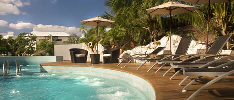 Outdoor pool, pool umbrellas, pool loungers