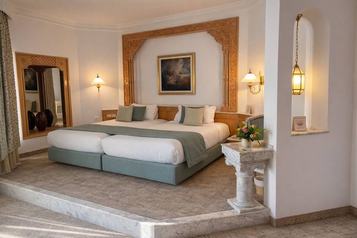 Een ruime slaapkamer met een groot bed, een marmeren vloer en twee wandlampen.