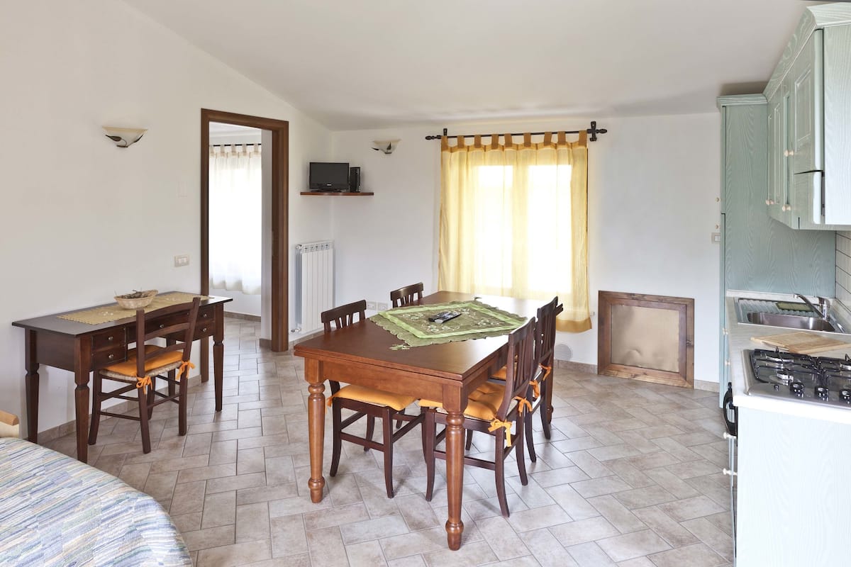 A dining area with a wooden table and chairs, a radiator, a television on a shelf, and a kitchen area with a stove.