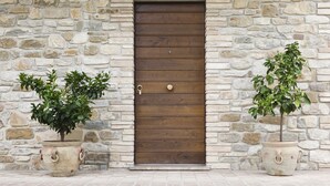A stone building with a wooden door, two potted plants, and a stone pathway leading to the door. - Relais Parco del Subasio (Assisi)