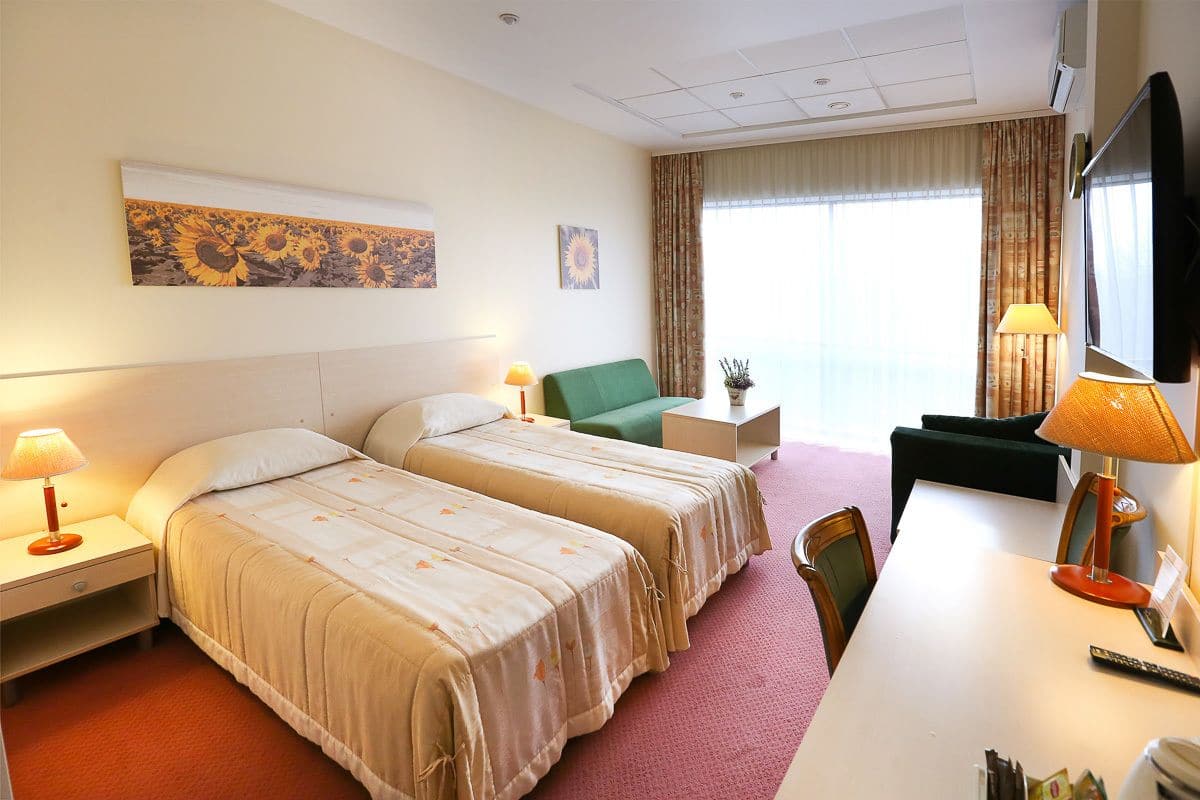 Habitación de hotel con dos camas, un escritorio, una silla, un televisor y una ventana con cortinas.