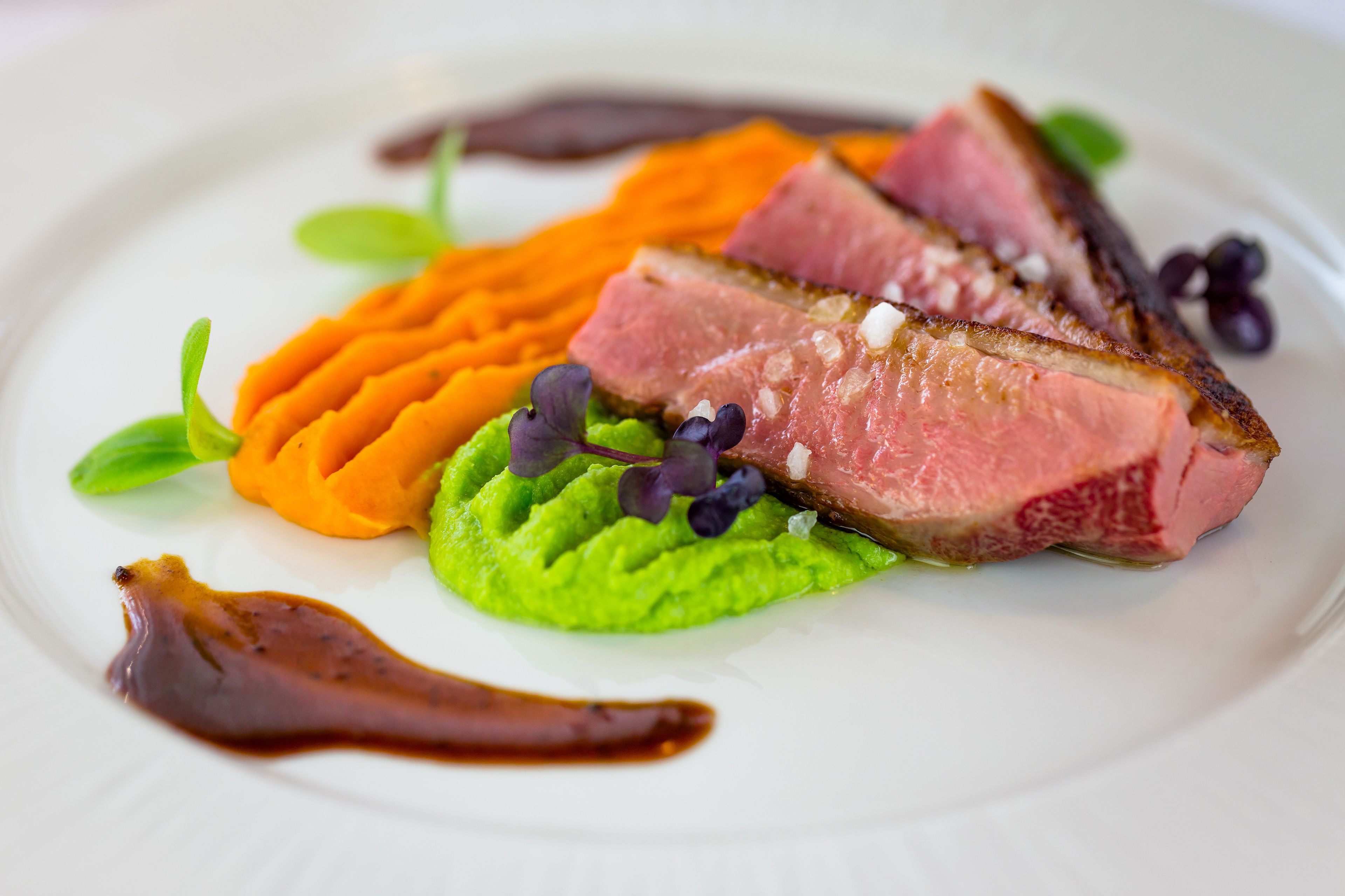 A plate of food with a slice of meat, mashed sweet potatoes, and a green puree.
