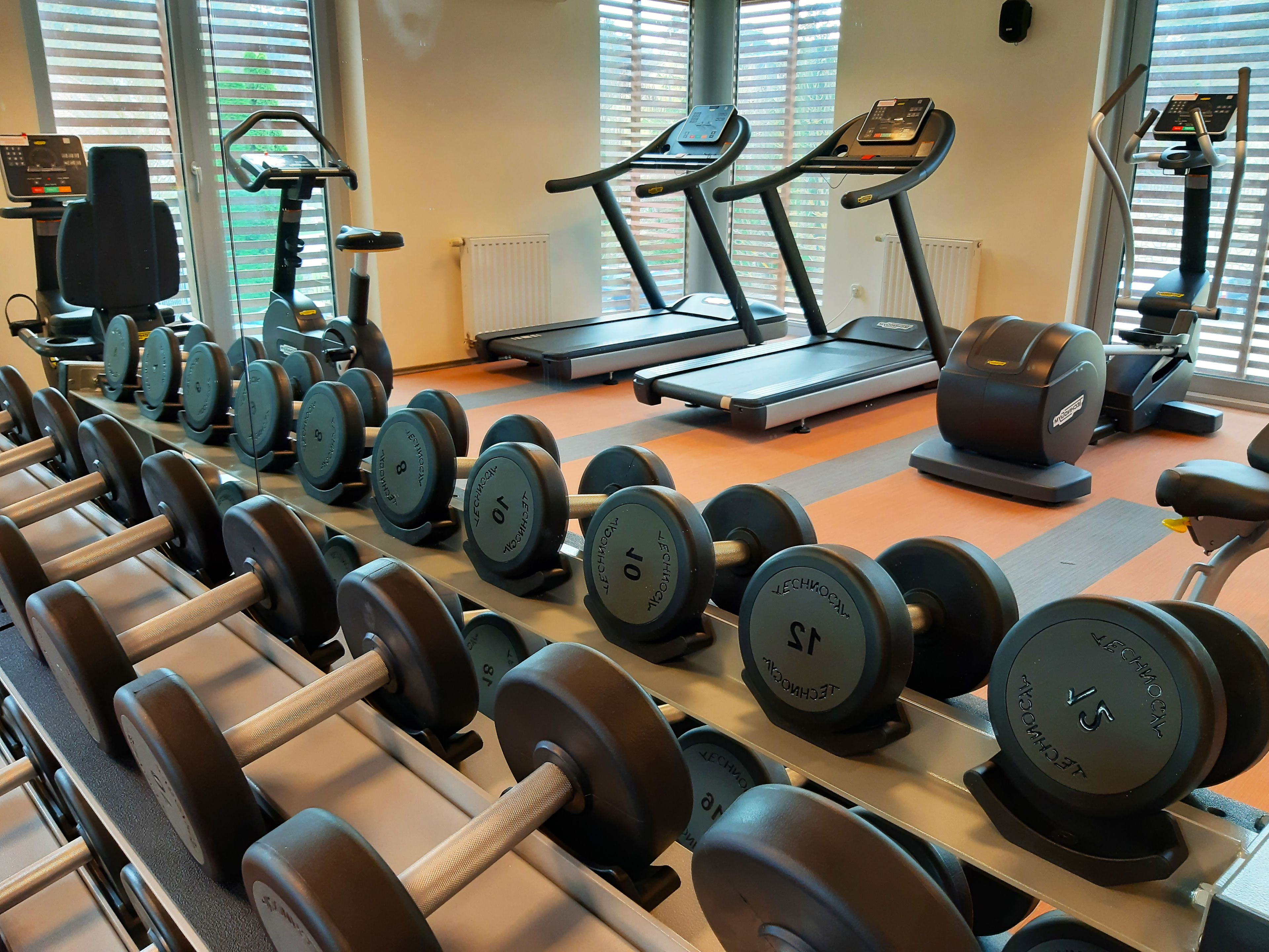 Un gimnasio con filas de mancuernas, cintas de correr y equipos de ejercicio.
