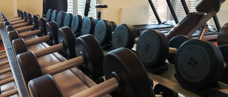 A gym with rows of dumbbells, treadmills, and a stationary bike.