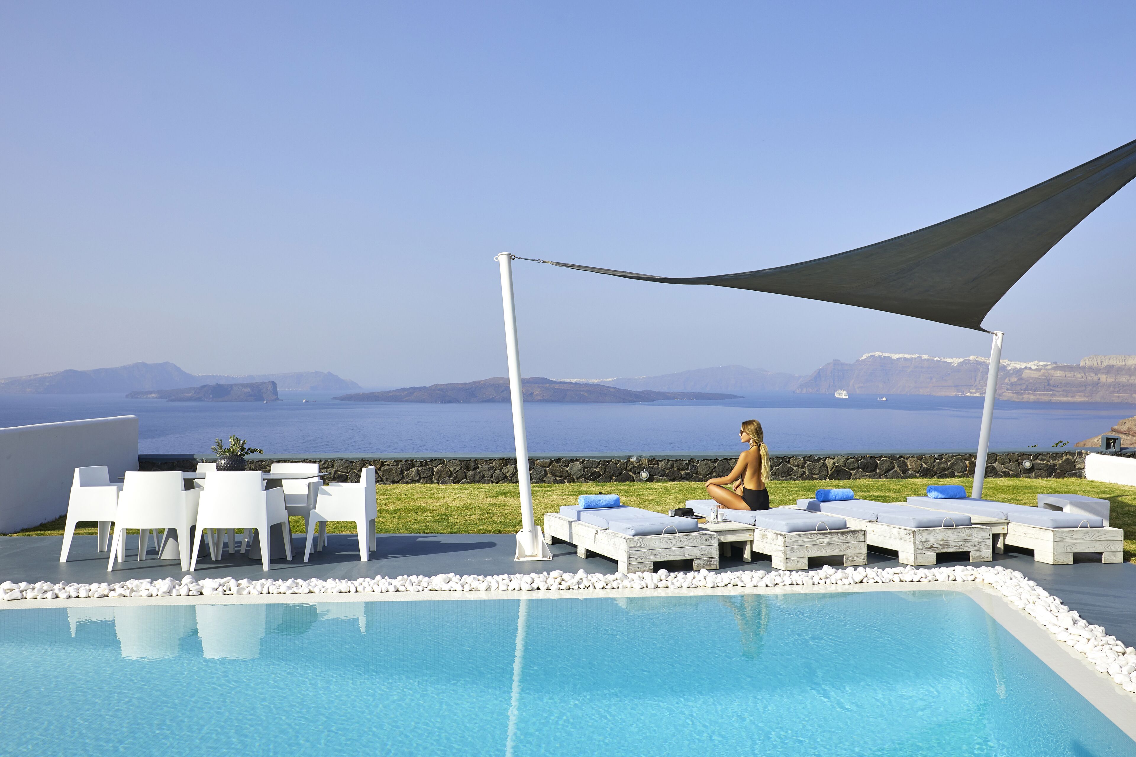 serenity villa with caldera view, heated pool & hot tub in private garden | terrace/patio