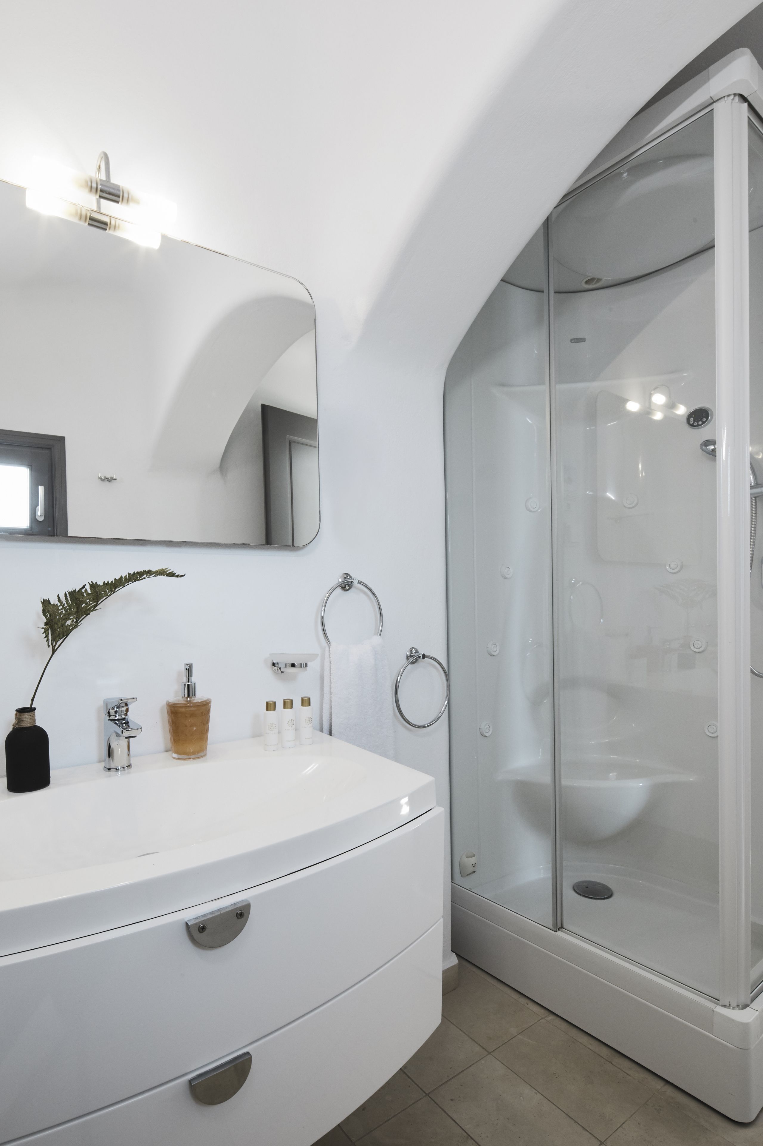 serenity villa with caldera view, heated pool & hot tub in private garden | bathroom | shower, hydromassage showerhead, designer toiletries, hair dryer