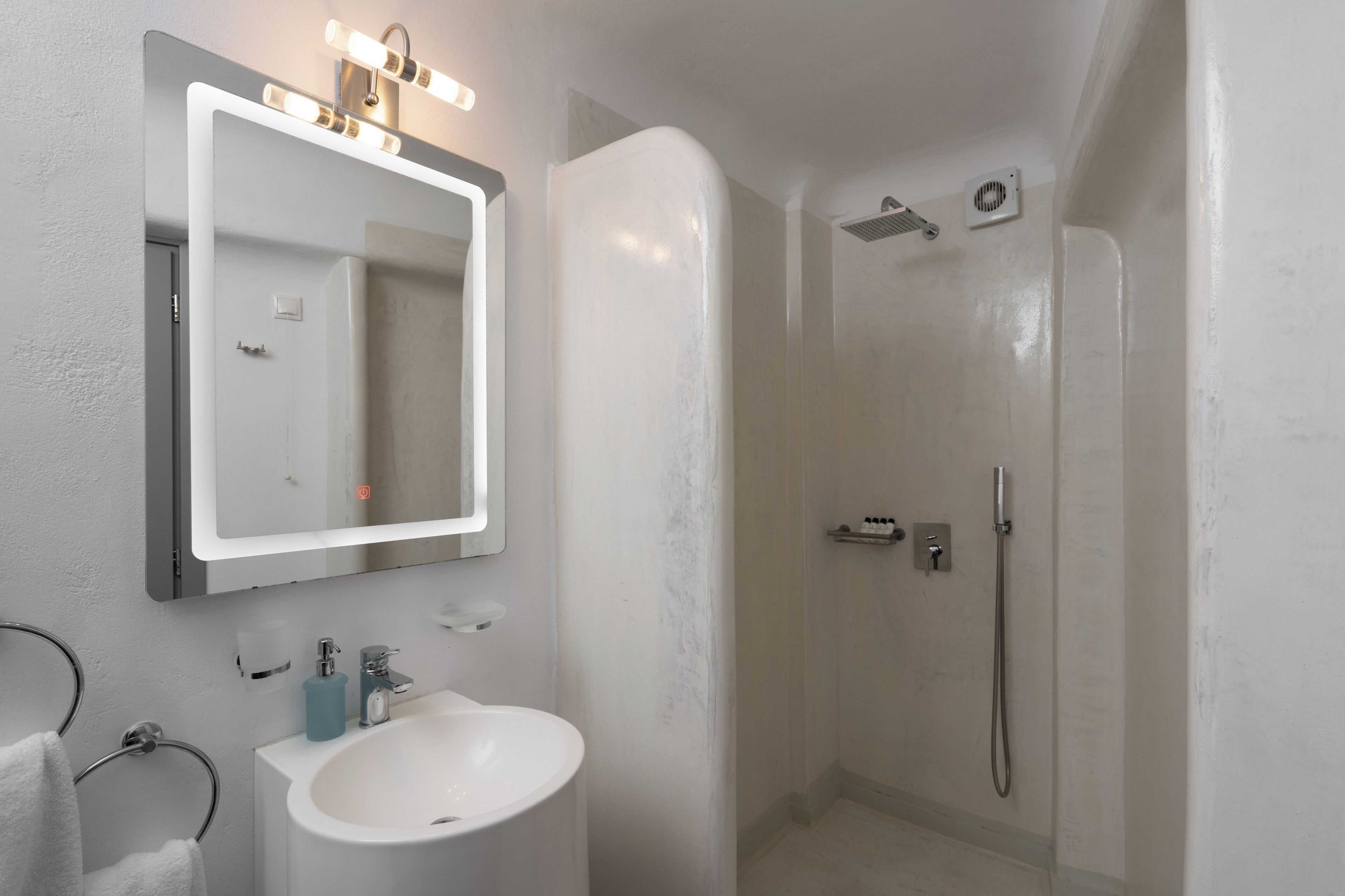 serenity villa with caldera view, heated pool & hot tub in private garden | bathroom | shower, hydromassage showerhead, designer toiletries, hair dryer