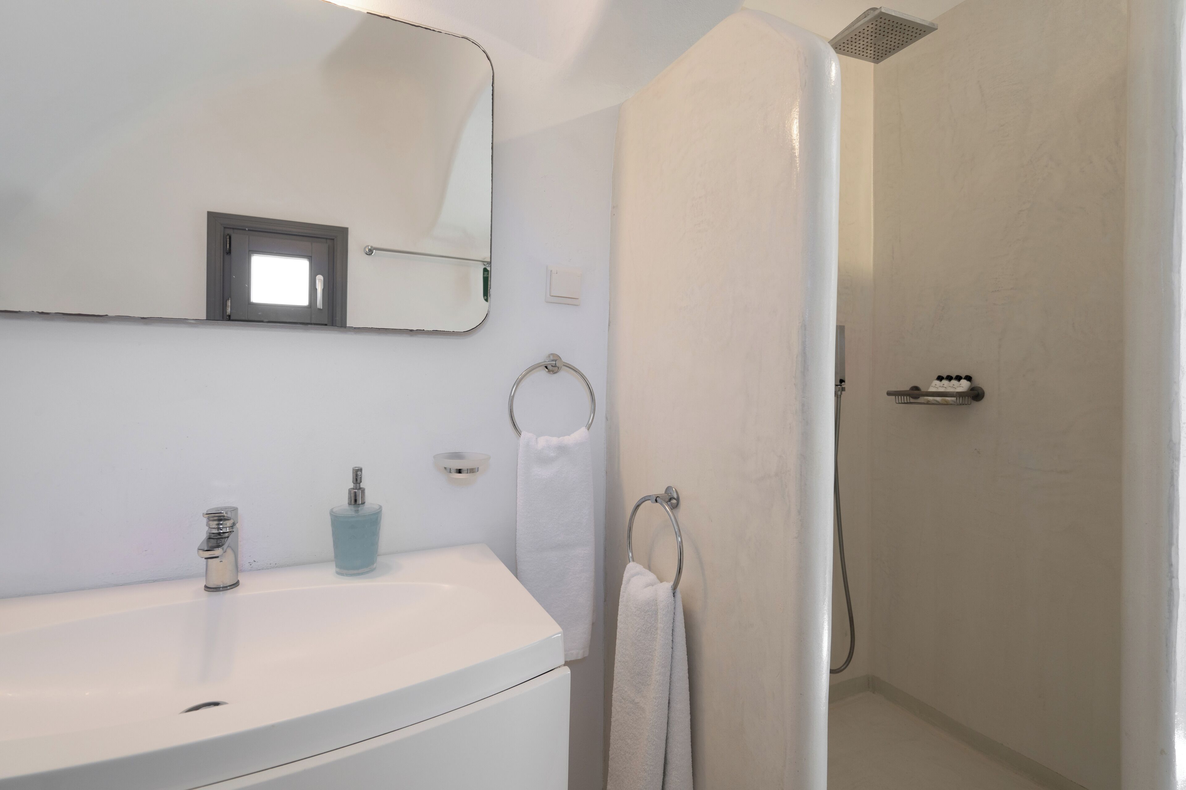 serenity villa with caldera view, heated pool & hot tub in private garden | bathroom | shower, hydromassage showerhead, designer toiletries, hair dryer