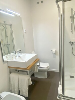 Habitación con 2 camas individuales | Baño | Secador de pelo, bidé y toallas