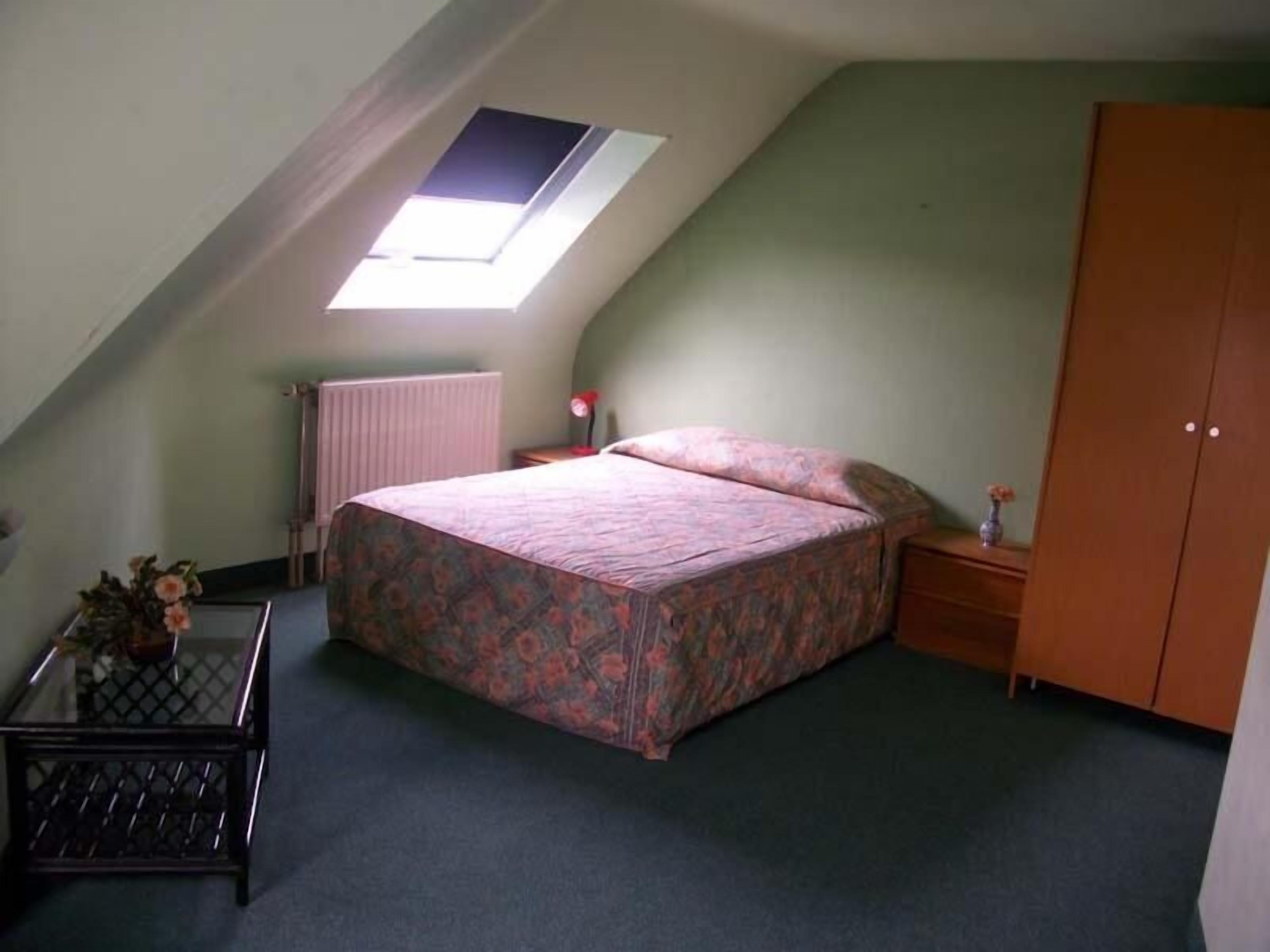 A bedroom with a sloped ceiling, a skylight, a bed with floral bedding, a nightstand, a dresser, and a small table with a vase.