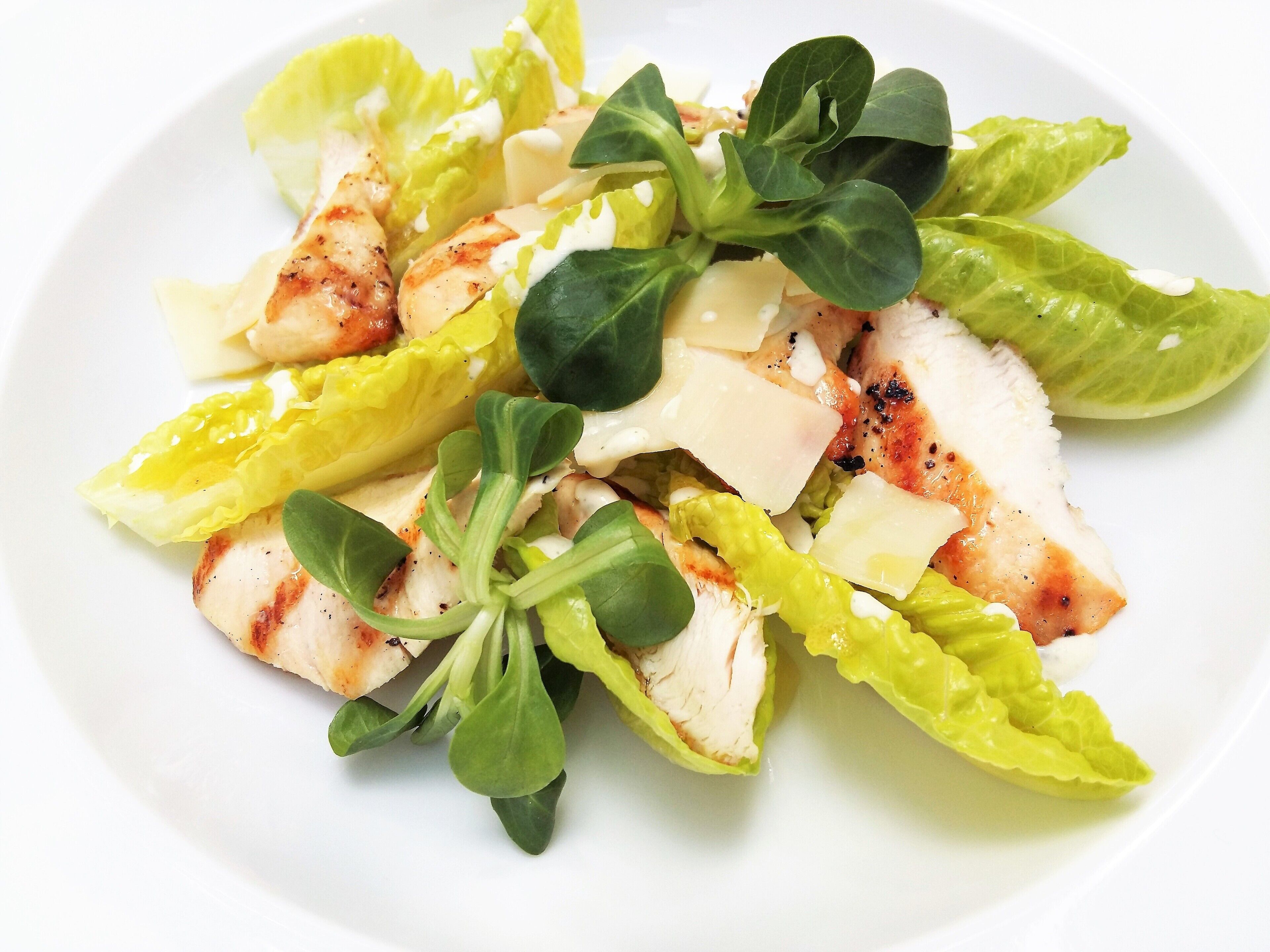 Ein Teller gegrilltes Hähnchen mit Salat und cremiger Soße.