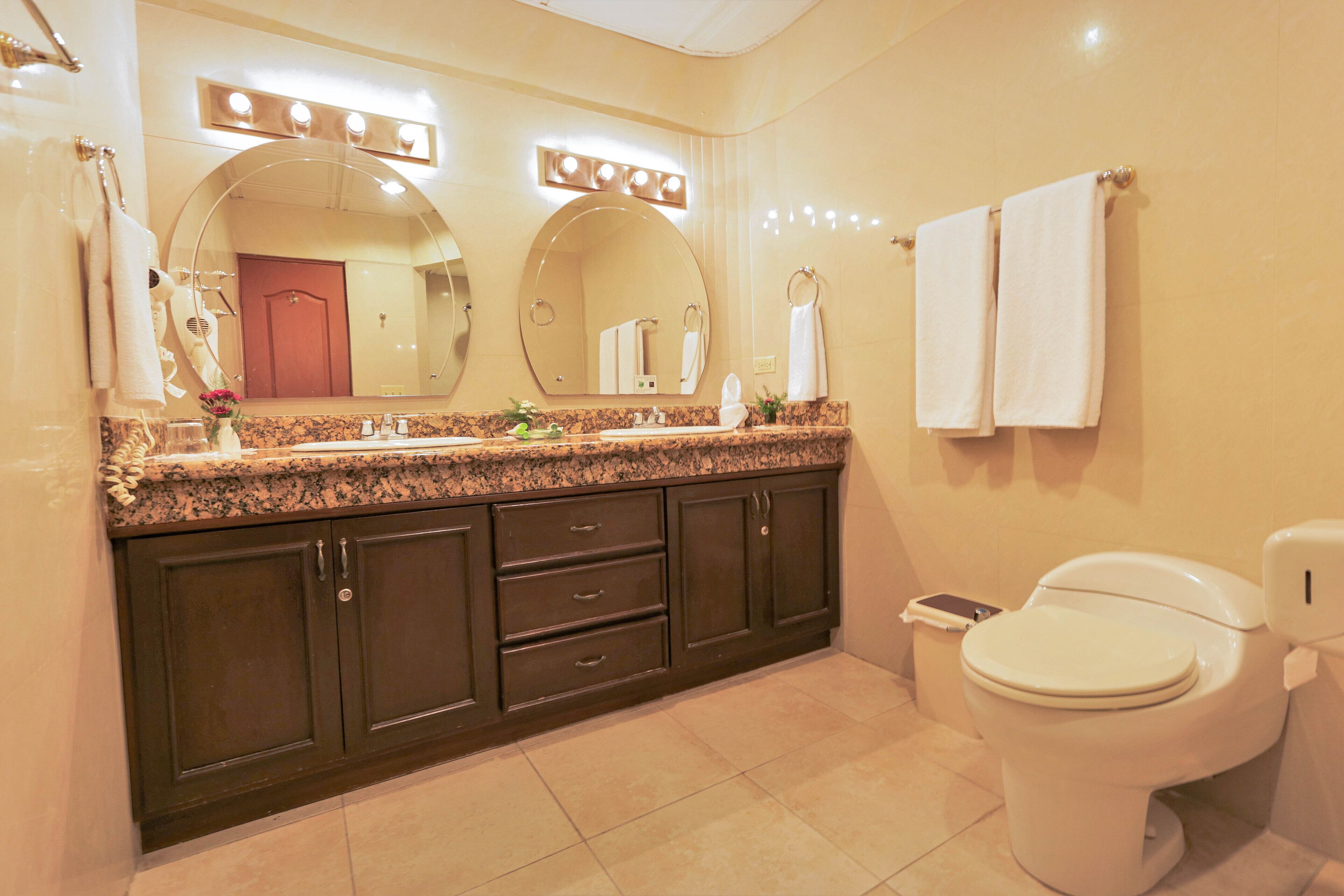 suite | bathroom | shower, rainfall showerhead, hair dryer, towels