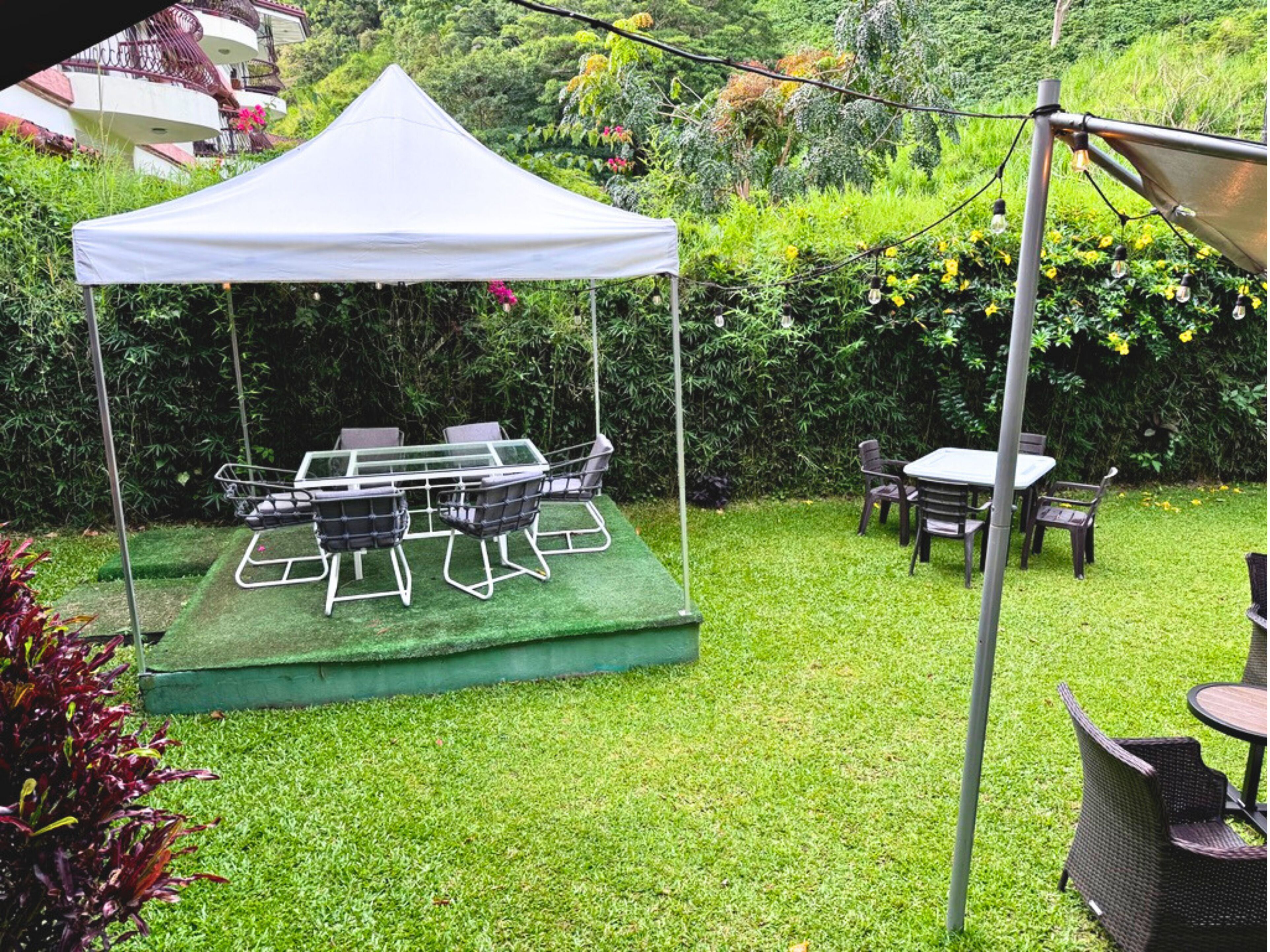 A tented outdoor seating area with a table and chairs, surrounded by lush greenery.