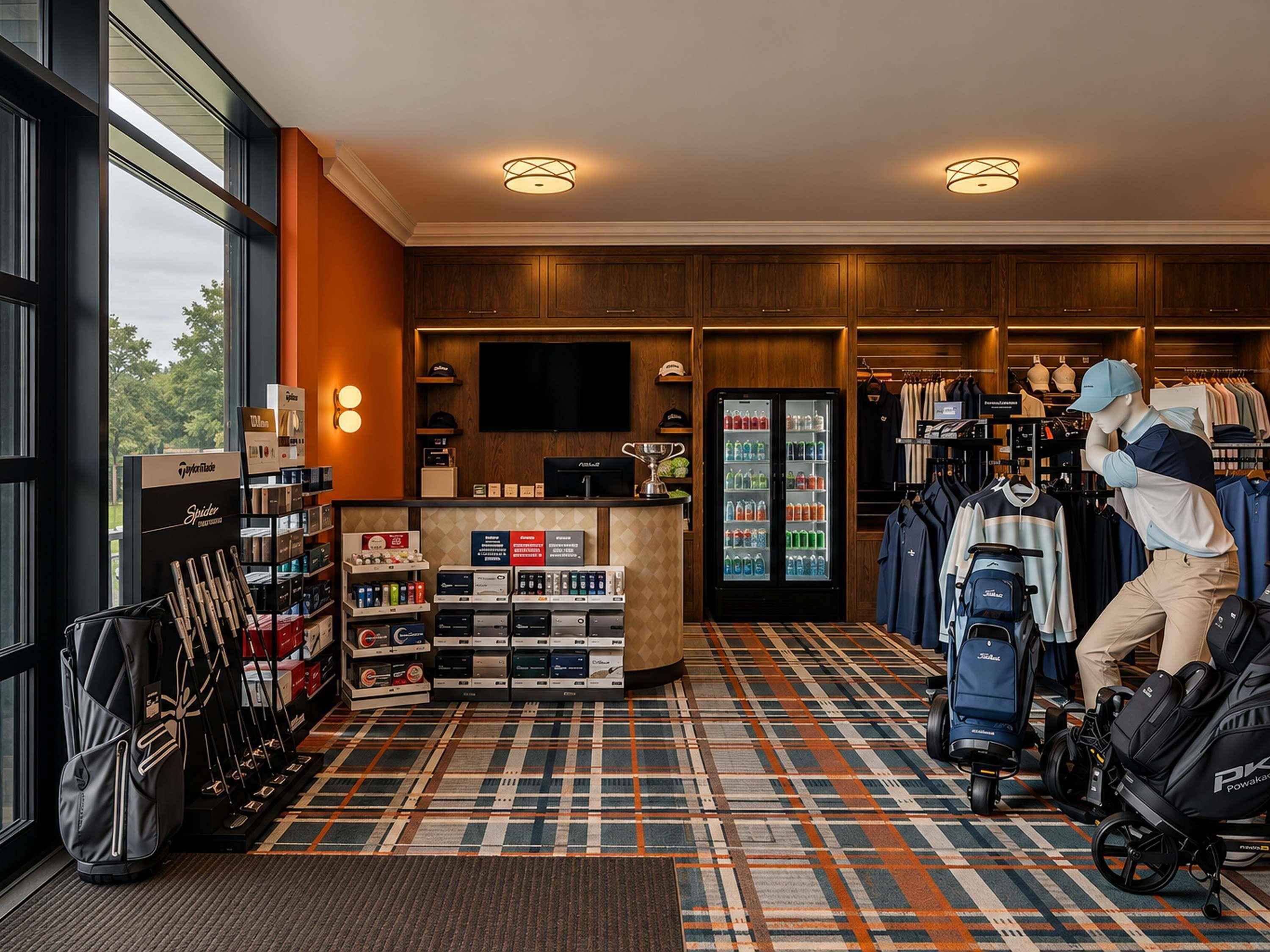 Un hall de hotel con mostrador de recepción, exhibición de equipo de golf, un refrigerador lleno de bebidas y un perchero.