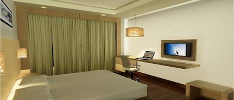 Quarto de hotel moderno com uma cama grande, uma escrivaninha com um laptop, uma televisão e uma janela ampla com cortinas.