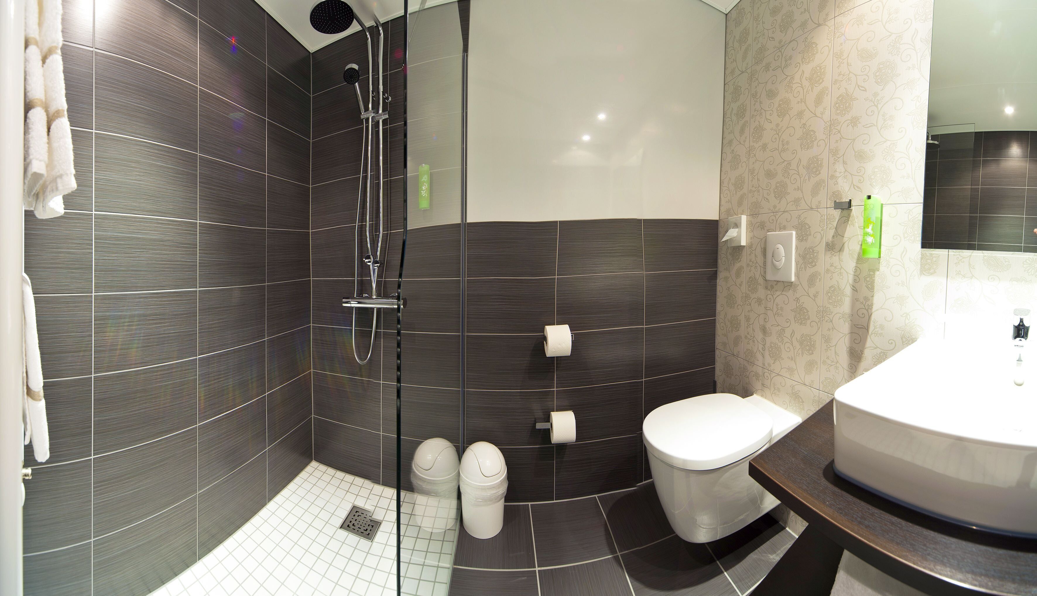 double room | bathroom | shower, rainfall showerhead, hair dryer, towels