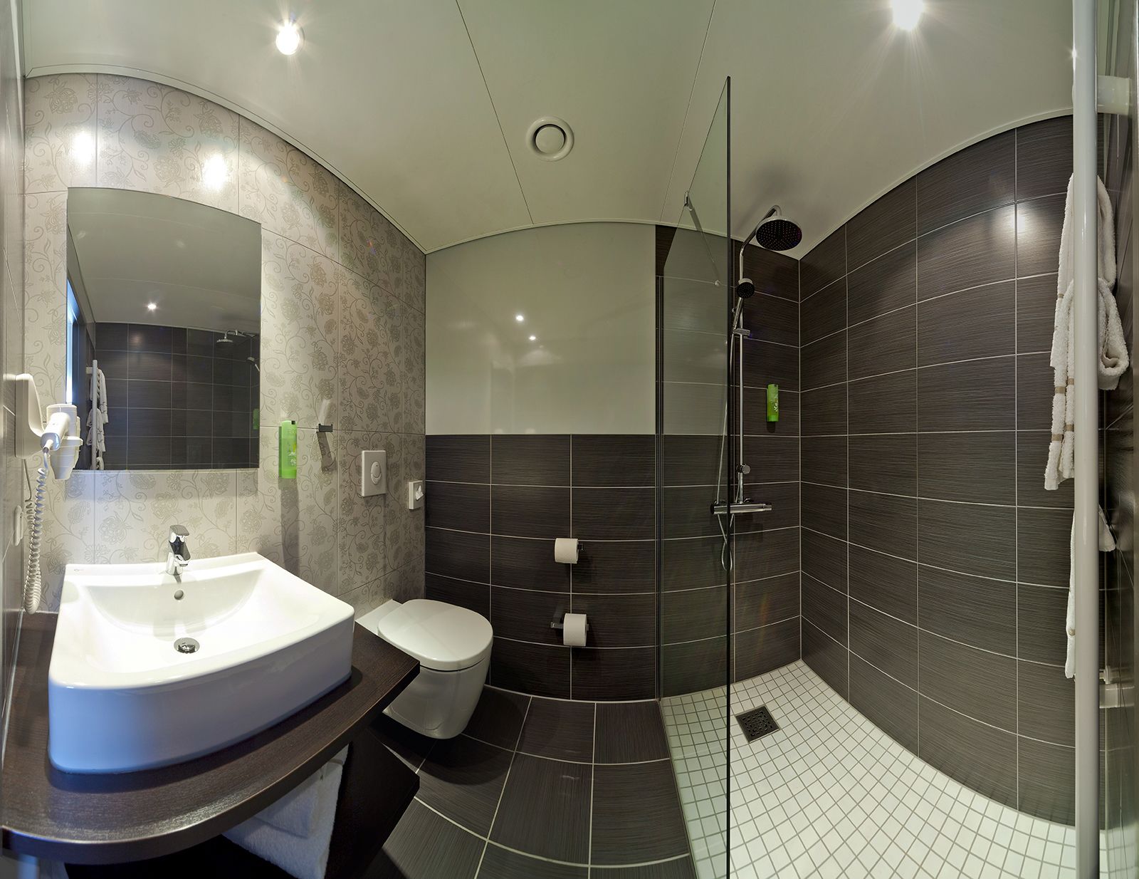 apartment | bathroom | shower, rainfall showerhead, hair dryer, towels